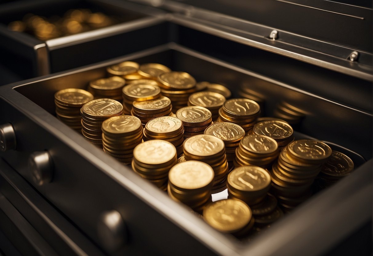 A secure vault holds a collection of gold coins, protected by advanced security measures