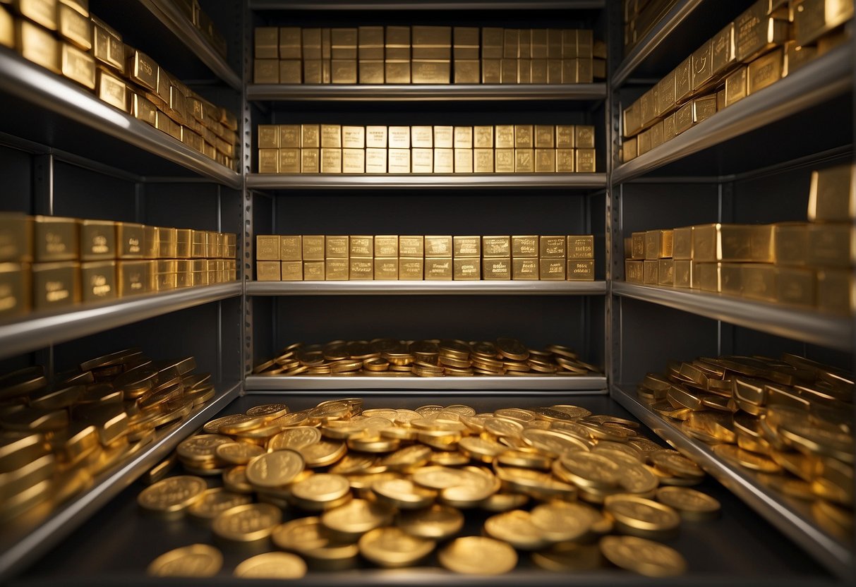 A secure vault with shelves of gold coins labeled "Best Gold Coins for Gold IRA." Labels for "Storage Solutions for Gold IRAs" are visible