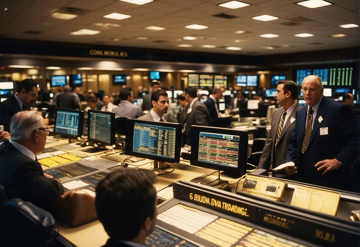 A bustling trading floor with brokers discussing options, gold bars on display, and a sign advertising "Bullion Trading LLC."