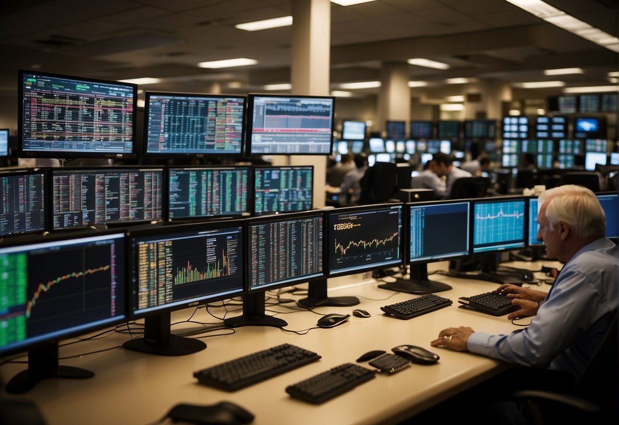 A bustling trading floor with computer screens, gold bars, and busy traders. The Bullion Trading LLC logo prominently displayed