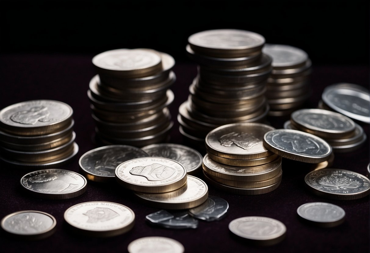 A stack of silver coins and bars arranged neatly on a dark velvet background, with a magnifying glass and financial documents nearby