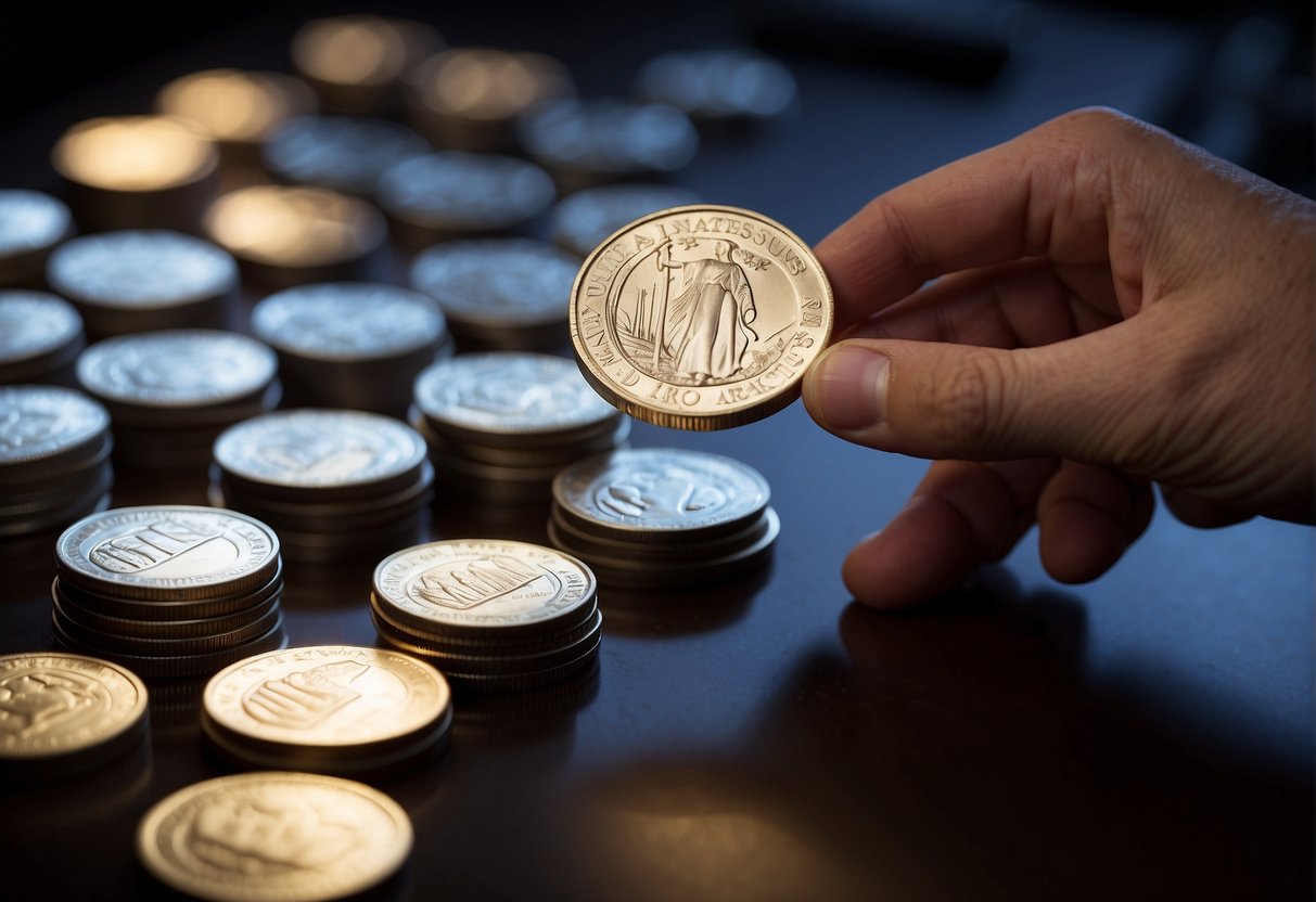 A hand places a stack of silver coins into a secure, labeled IRA account. The coins gleam in the light, symbolizing the transfer or rollover to a Silver IRA