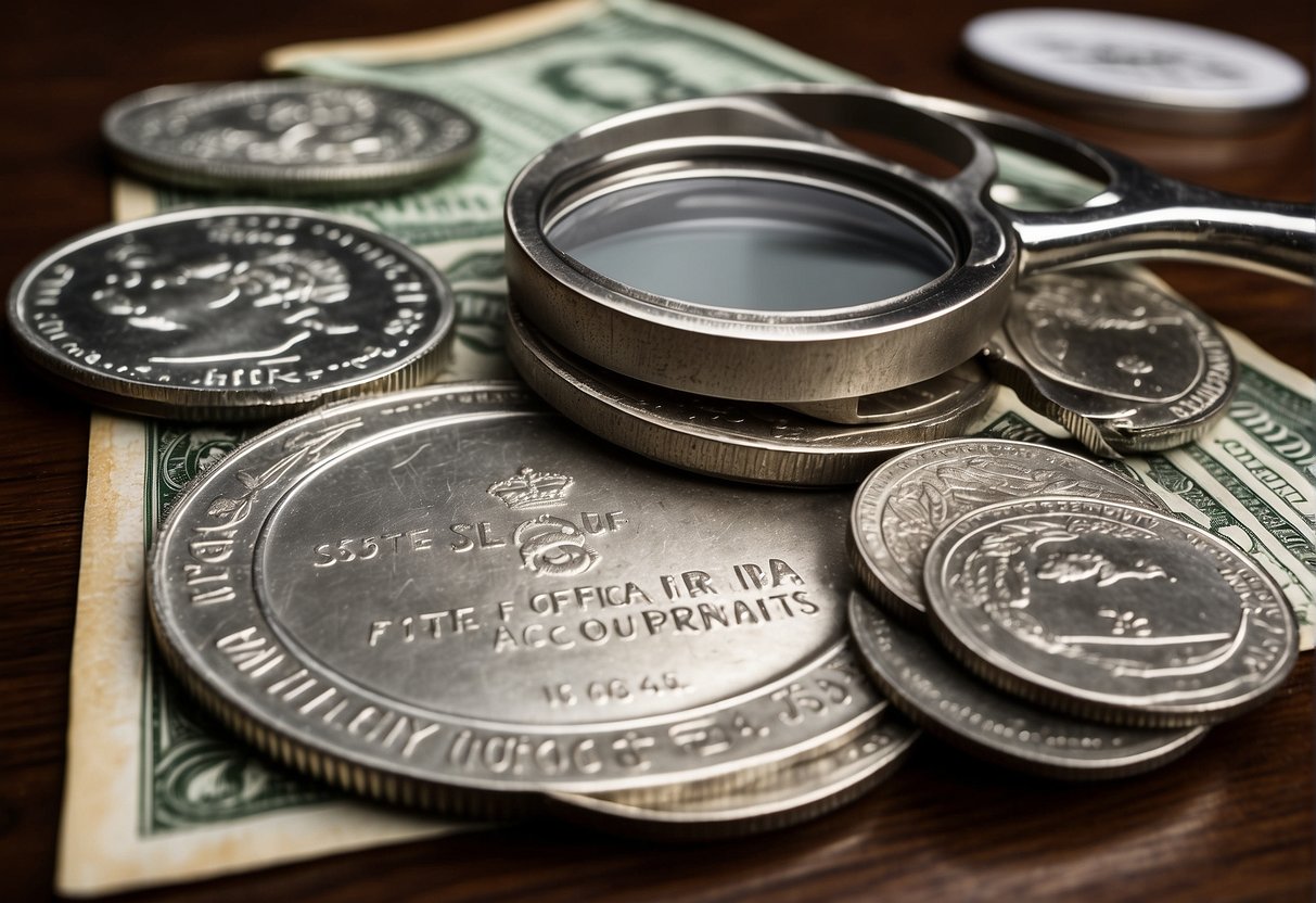 A stack of silver coins and bars on a table, with a magnifying glass and financial documents nearby. A sign reads "Silver IRA Account."