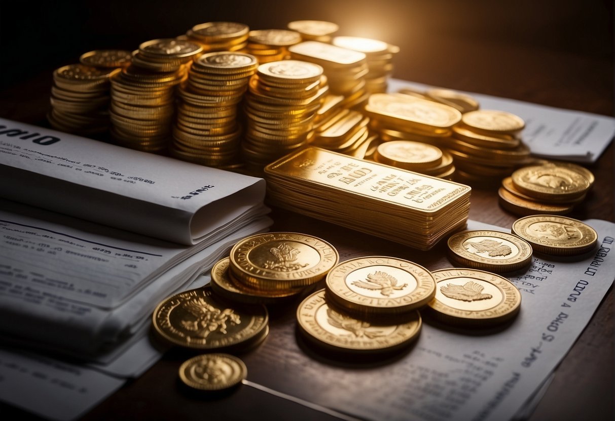 A stack of gold coins and bars gleams under a spotlight, contrasting with a pile of paperwork labeled "Gold IRA vs Physical Gold."