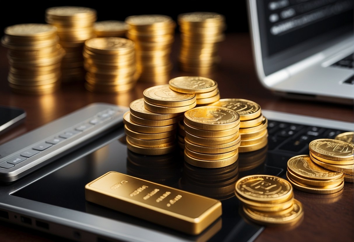 A stack of gold coins and bars next to a computer showing "FAQ Gold IRA vs Physical Gold" on the screen