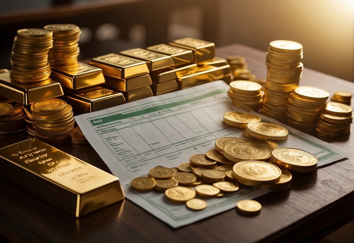 A table displaying a variety of alternative assets, including gold bars and coins, with a chart comparing the benefits of a Gold IRA versus physical gold