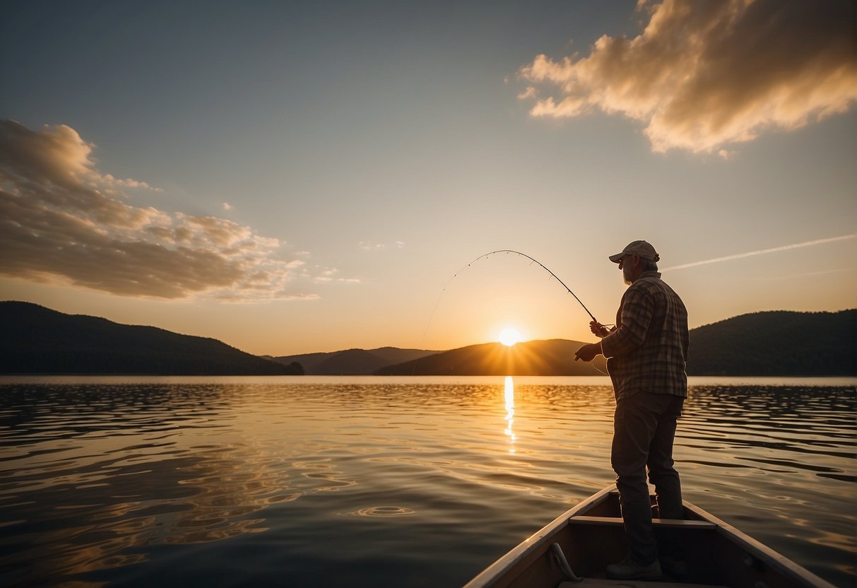 A serene sunset over a calm lake, with a person casting a fishing line from a boat. A golden glow reflects off the water, symbolizing a peaceful transition to retirement and the security of a Gold IRA