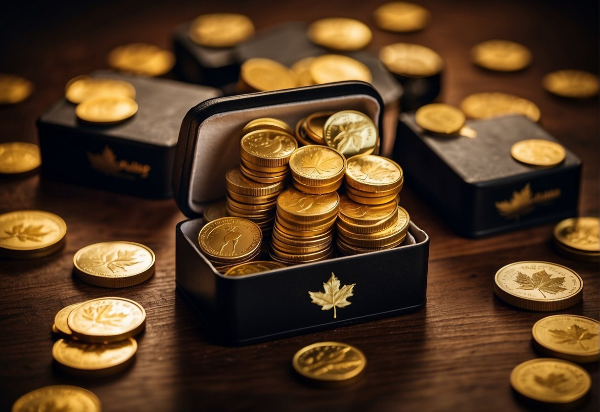 A stack of 1 oz gold eagle and Canadian maple leaf monster boxes arranged on a wooden table, with their lids slightly ajar and gold coins spilling out