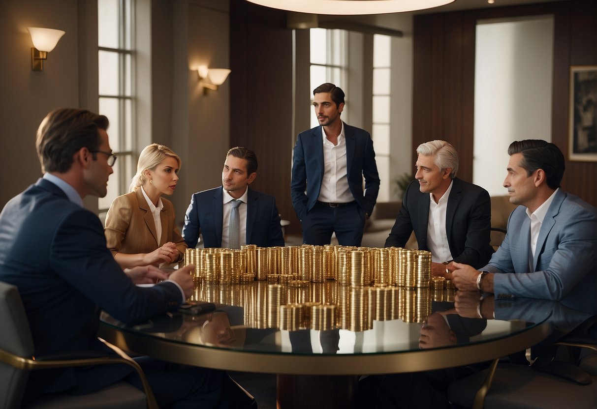 A group of investors gather in a luxurious Beverly Hills office, discussing precious metals. Some express concerns about reviews, complaints, and lawsuits, questioning the legitimacy of the investment opportunity