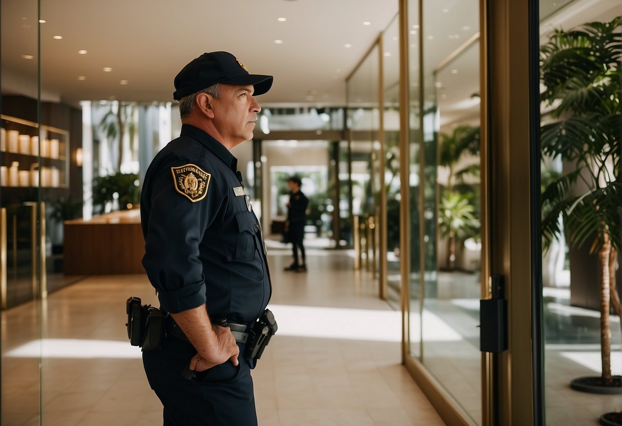 A security guard patrols a high-end Beverly Hills precious metals store, monitoring surveillance cameras and checking the locks on the doors