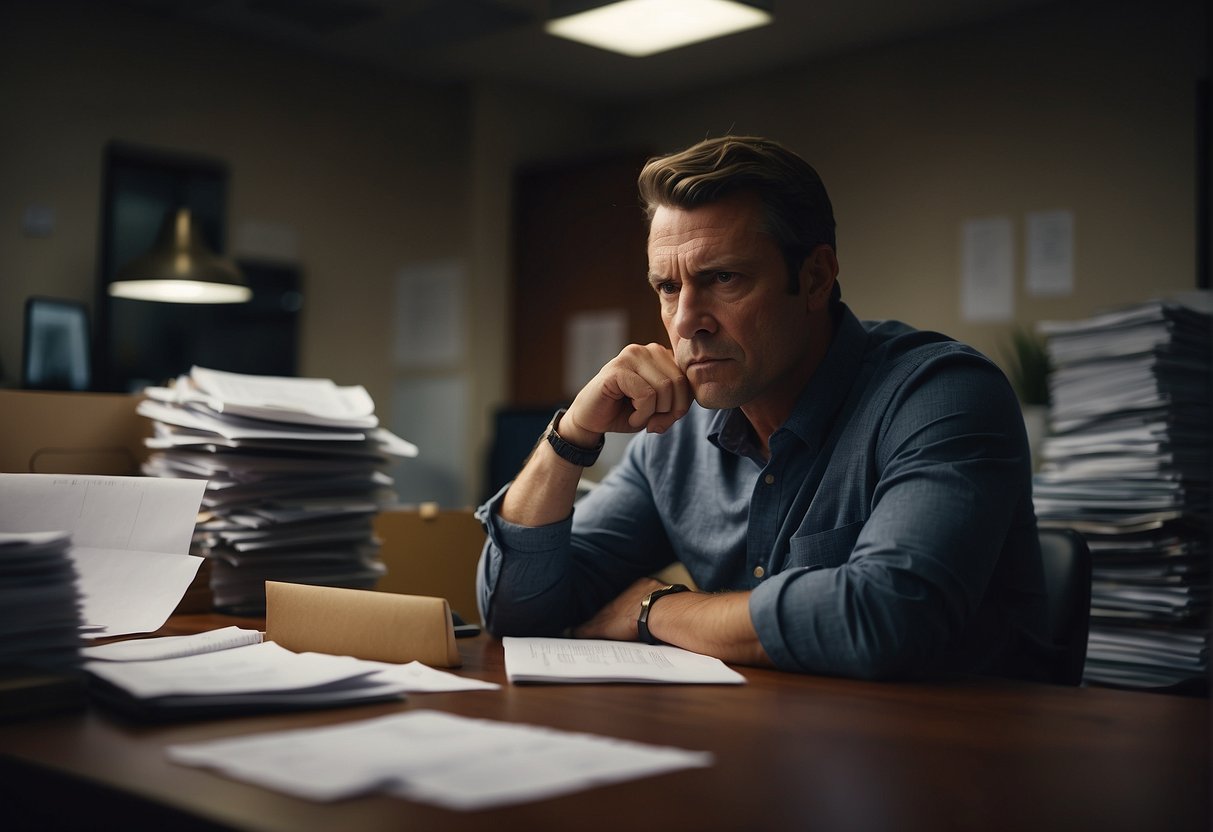A customer sits at a desk, surrounded by paperwork and a computer. They appear frustrated, with a furrowed brow and a clenched fist. The room is dimly lit, adding to the tense atmosphere