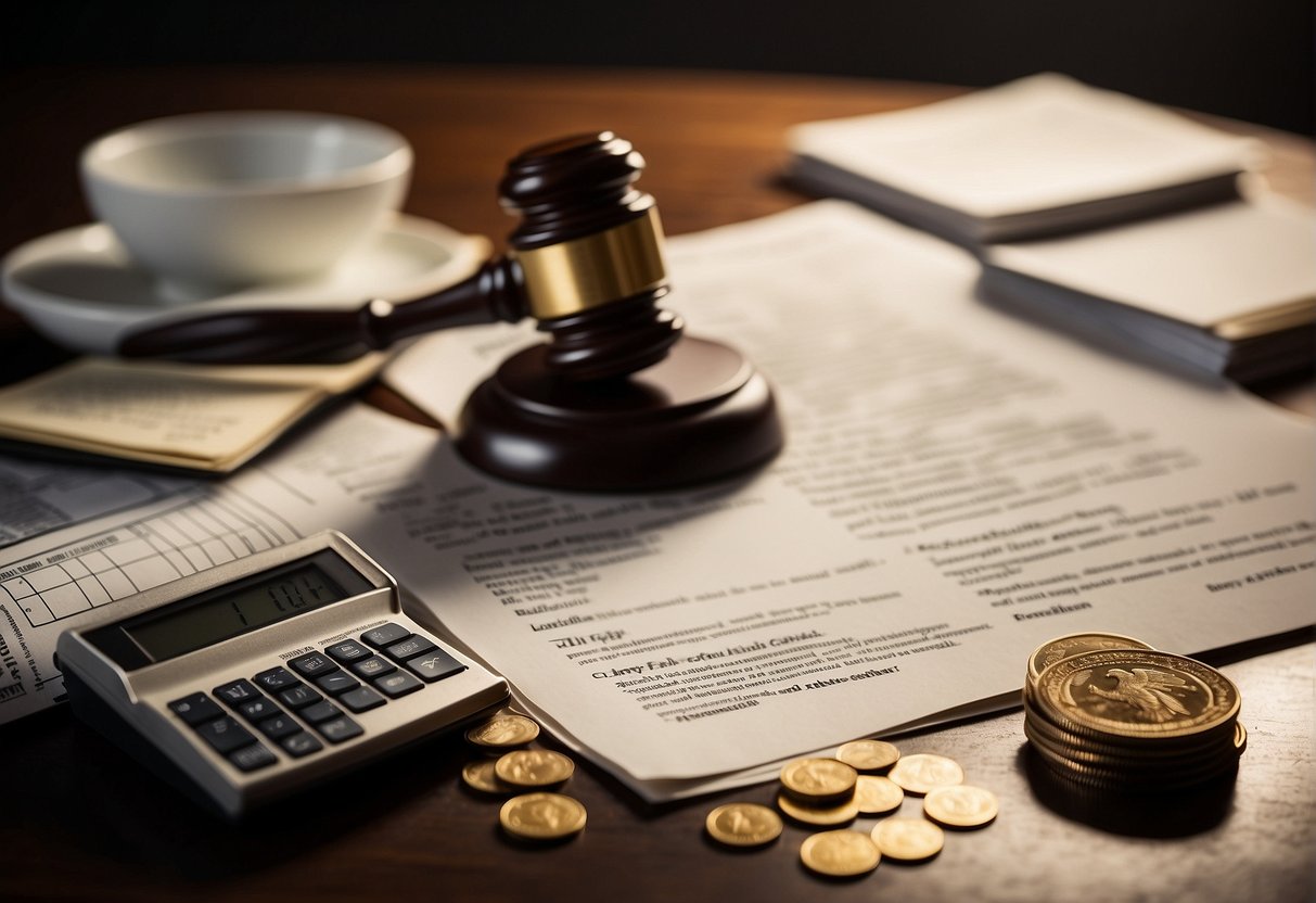 A stack of legal documents and customer reviews sit on a desk, surrounded by scattered coins and a scale. A shadow looms over the scene, hinting at the looming presence of a lawsuit