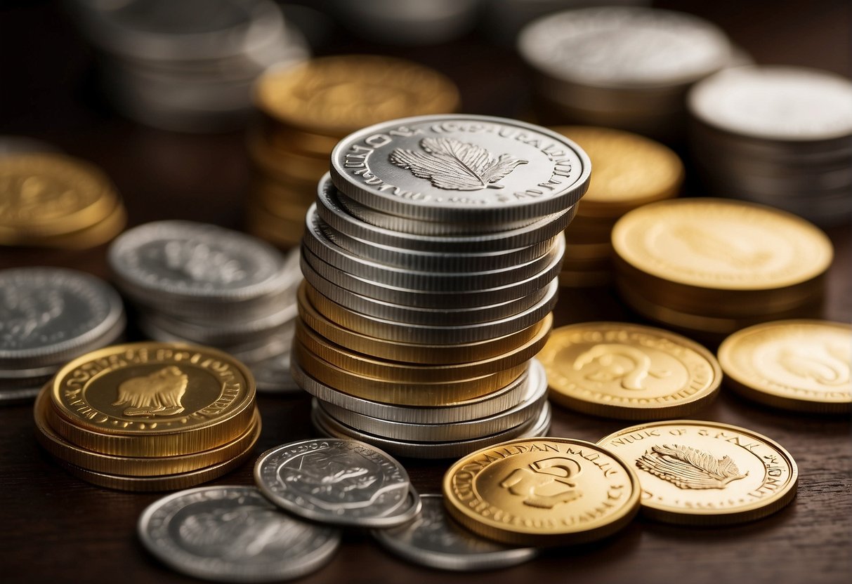 A stack of gold and silver coins with Rosland Capital logo, surrounded by positive reviews and testimonials