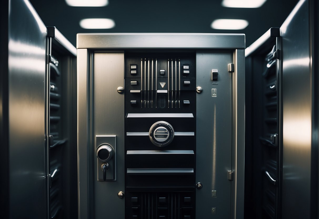 A secure vault with metal bars, a locked safe, and a sturdy security system