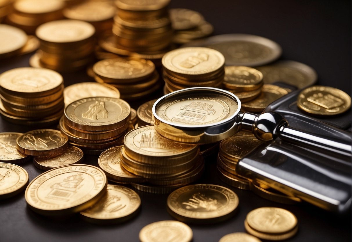 A stack of gold coins and bars arranged neatly on a table, with a magnifying glass and financial documents nearby
