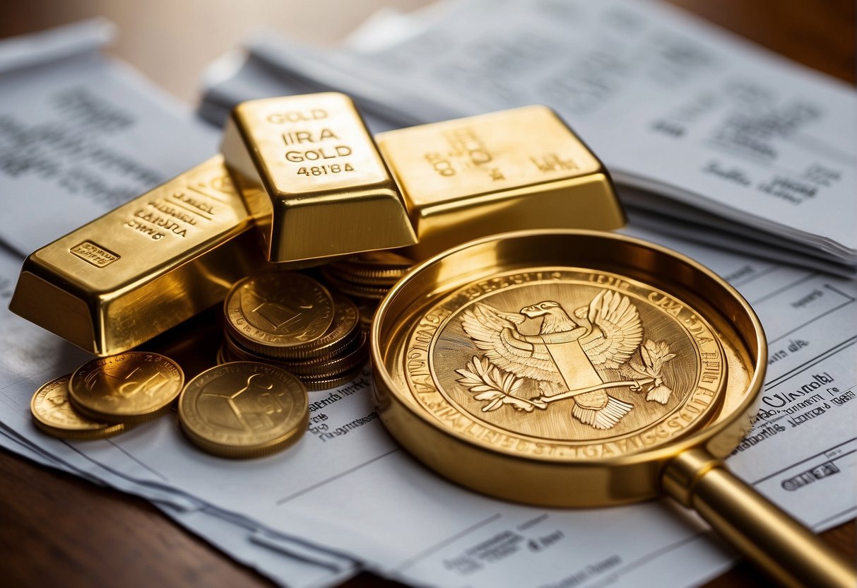 A stack of gold bars and coins surrounded by financial documents and tax forms, with a magnifying glass highlighting the words "Gold IRA" on a brochure