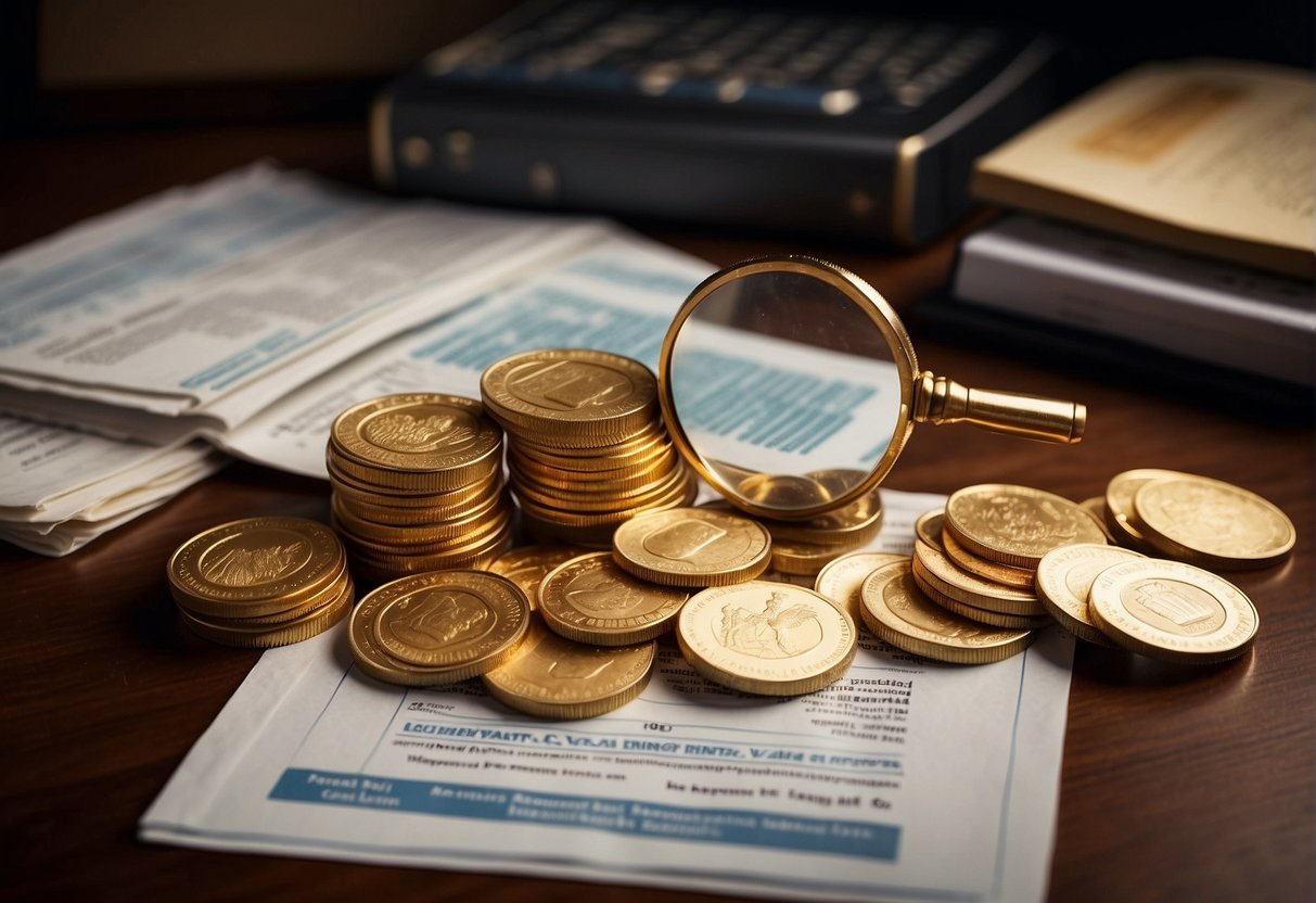 A stack of gold coins and bars surrounded by financial documents and charts, with a caution sign and a magnifying glass highlighting potential risks