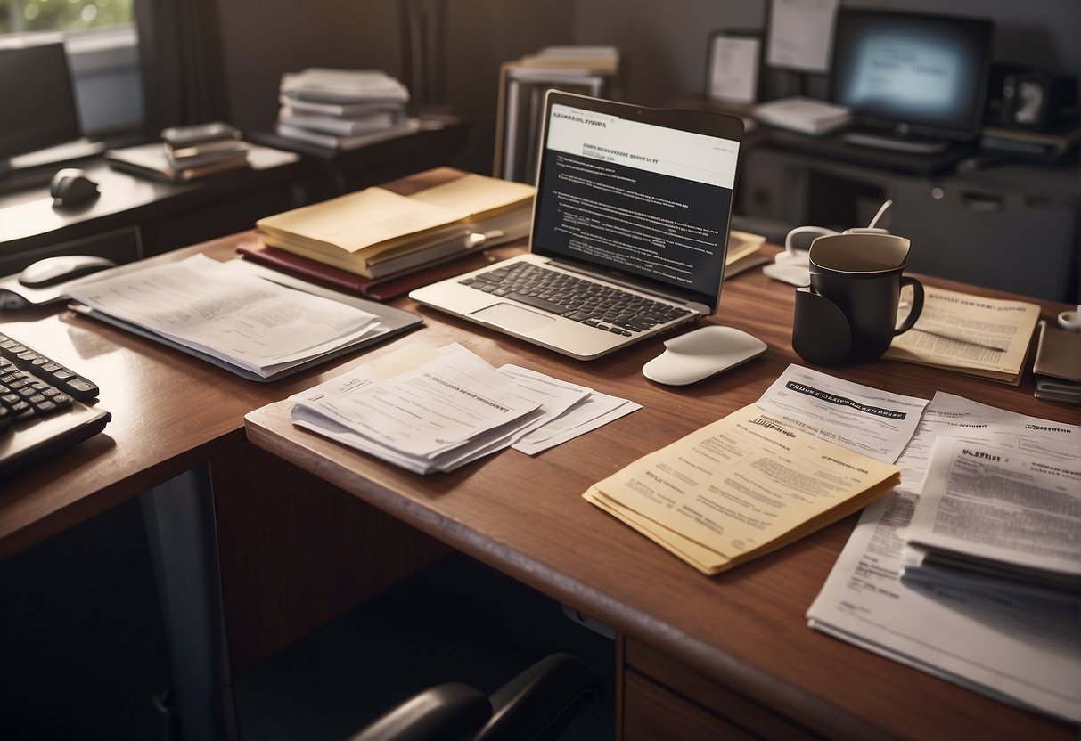 A cluttered desk with scattered papers, a computer screen showing customer reviews, and a legal document labeled "lawsuit" on the desk