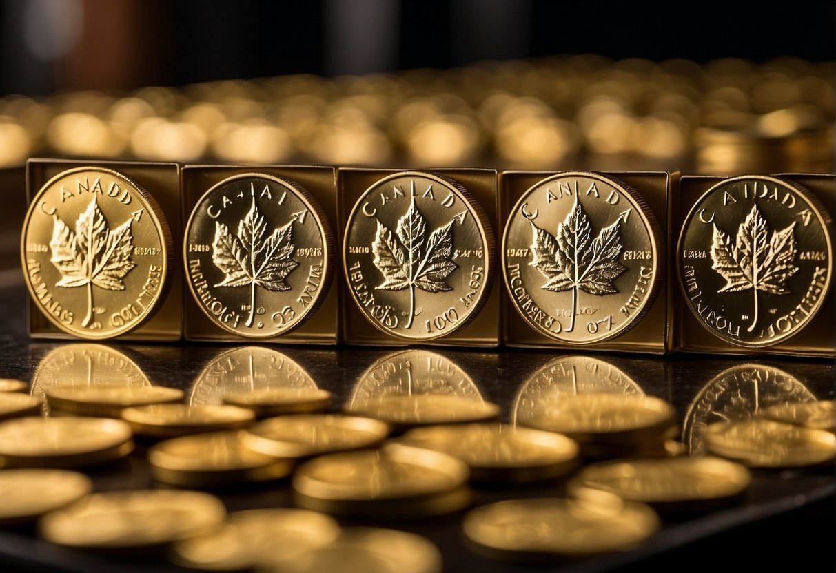 A table displays rows of 1 oz gold eagle and Canadian maple leaf monster boxes. Bright light illuminates the shiny gold bullion coins inside
