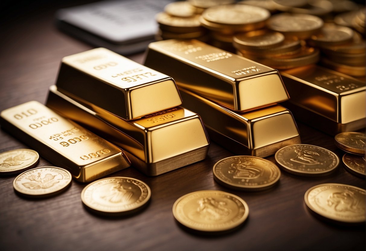 A stack of gold bars and coins arranged on a sleek, modern desk, surrounded by financial charts and graphs, representing the role of precious metals in investment portfolios