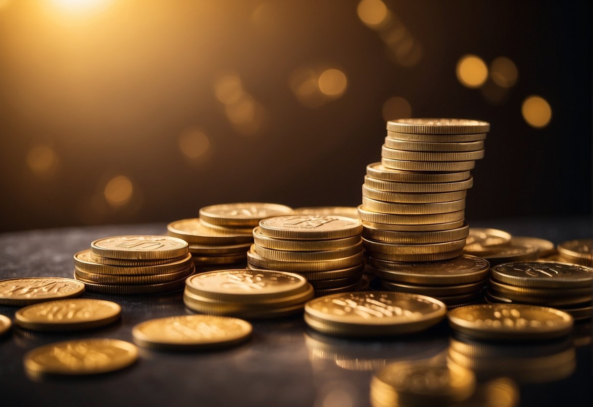A stack of gold coins shines next to a traditional IRA and 401(k) account, highlighting the benefits of a Gold IRA as a solid investment choice