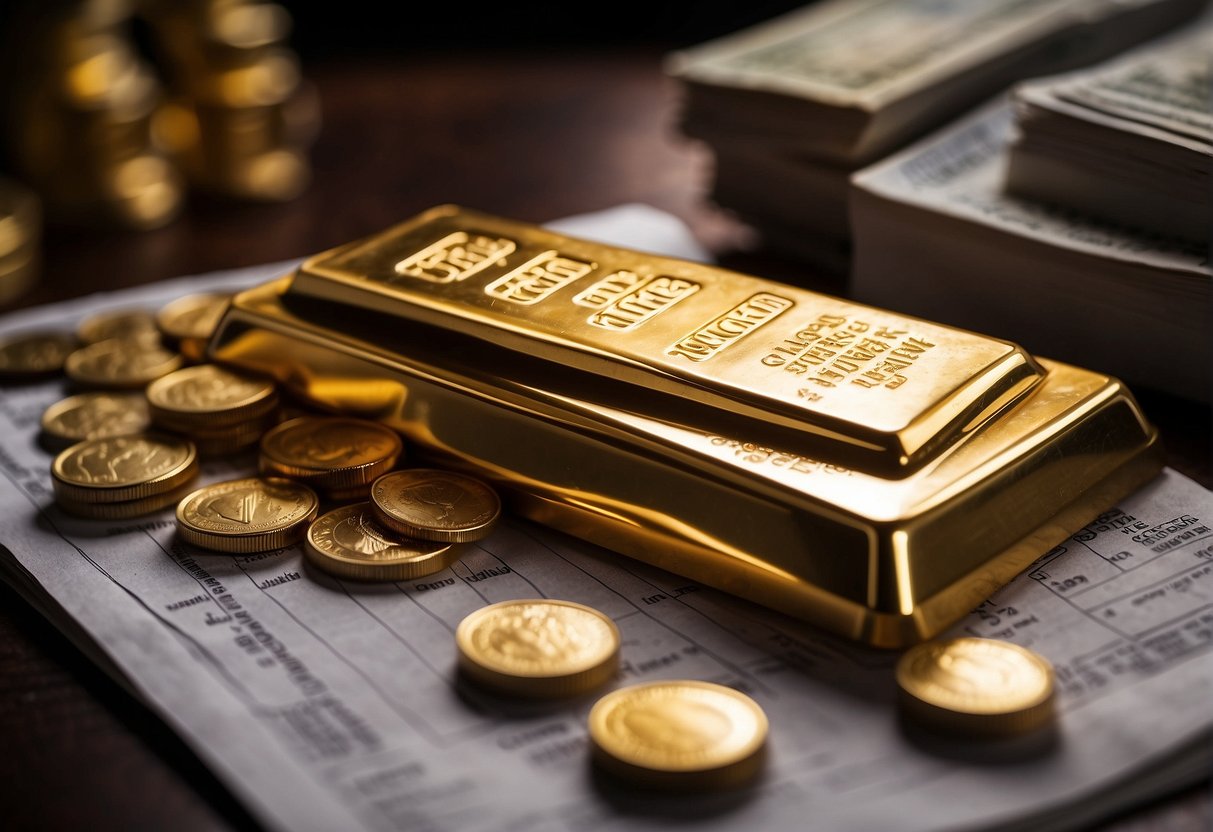 A stack of gold bars and coins surrounded by financial documents and charts, with a scale symbolizing risk and consideration for Gold IRA investors