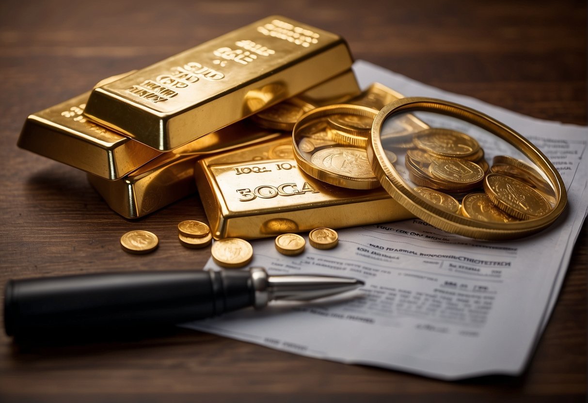 A stack of gold bars and coins sits on a table, with a magnifying glass and financial documents nearby. The words "Tax Implications of Gold IRAs" are visible on a computer screen
