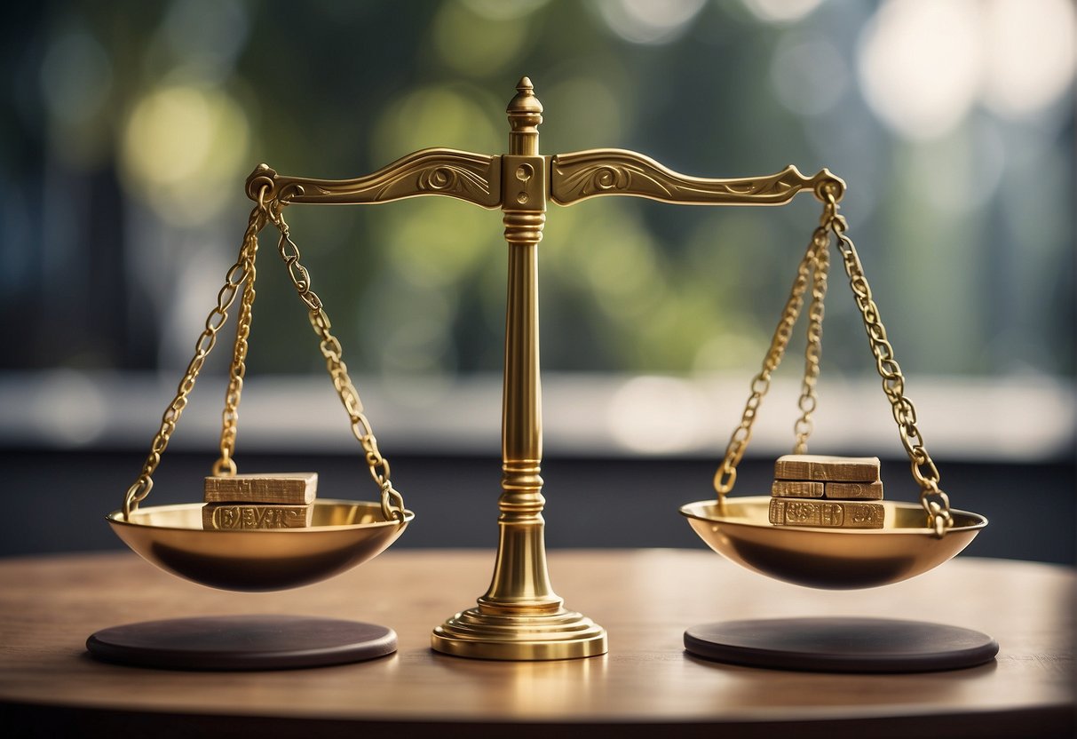 A scale weighing pros and cons of Birch Gold Group against competitors, with a backdrop of review complaints and lawsuits
