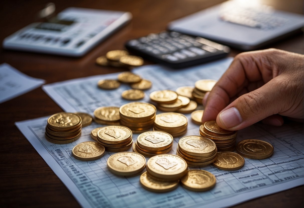 A hand placing gold coins into a secure IRA account, with a backdrop of financial charts and graphs