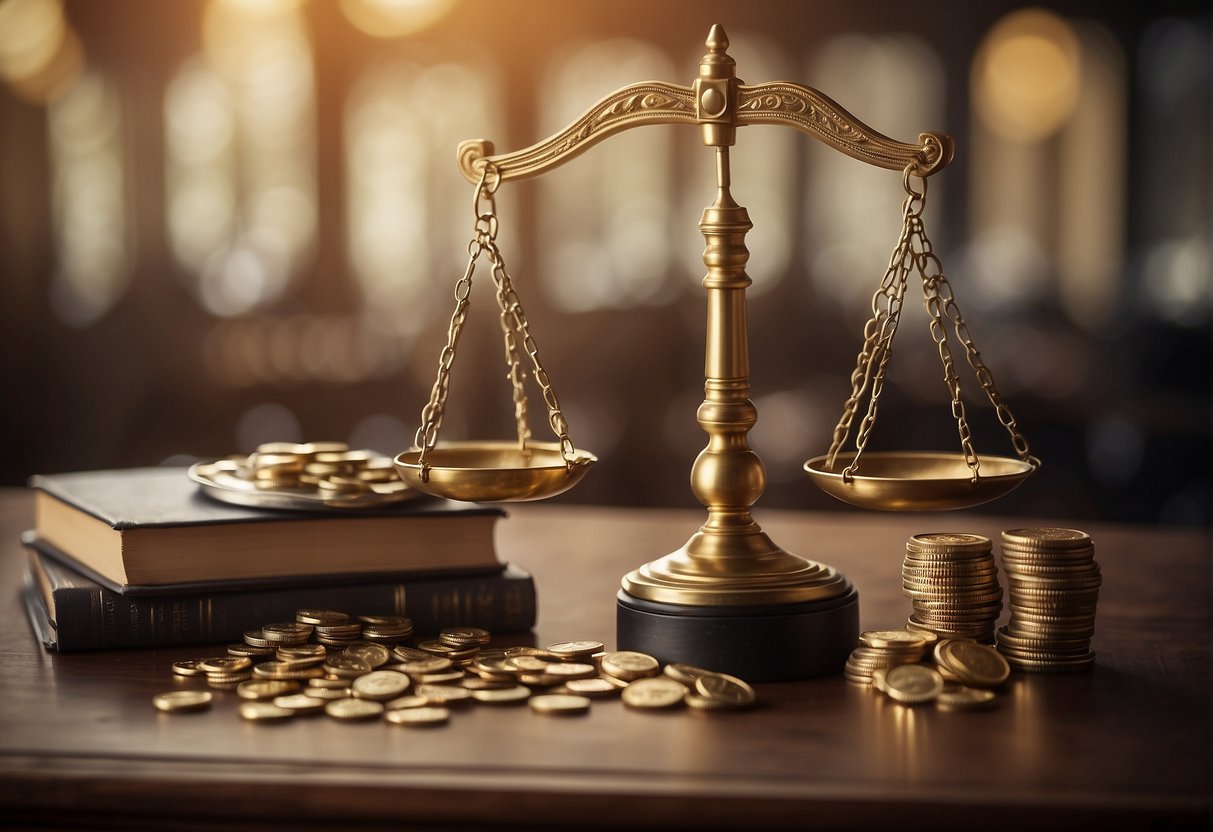 A scale tipping in favor of Patriot Gold Group, surrounded by question marks and a gavel symbolizing potential legal action