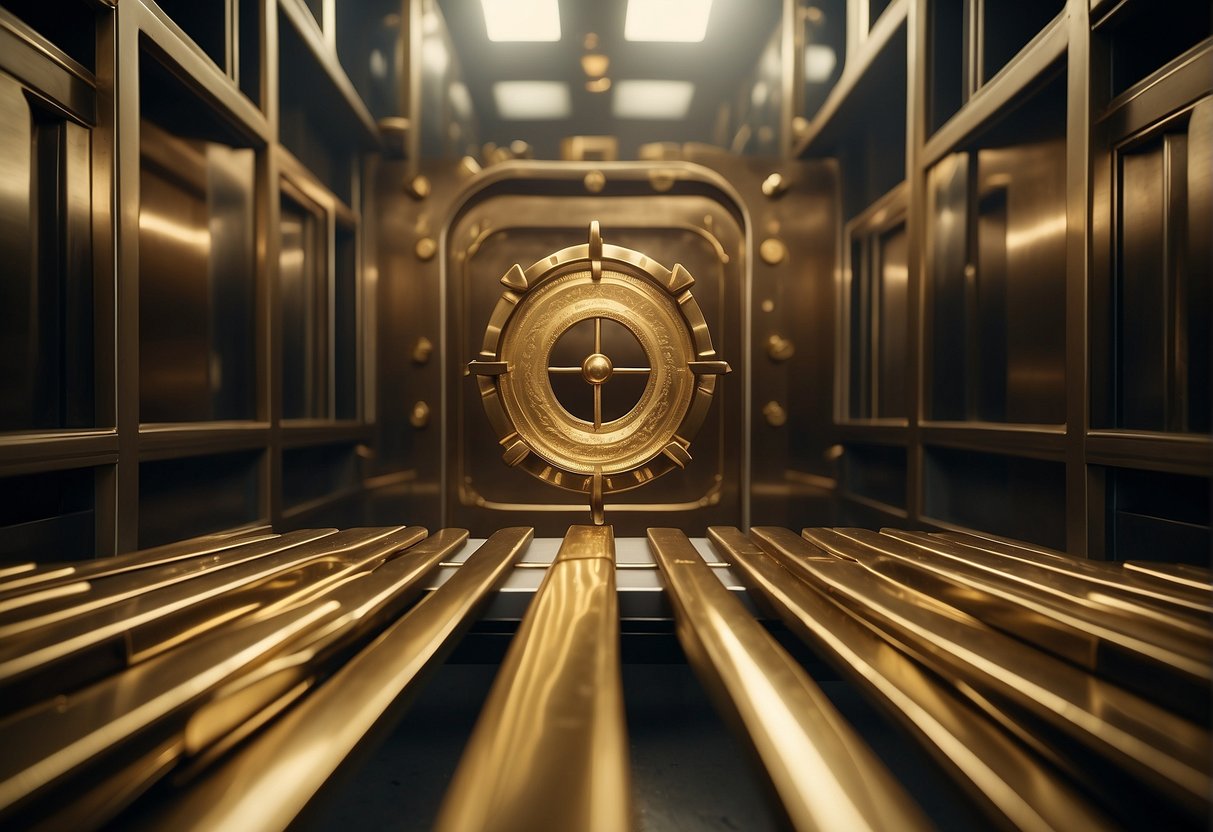 A sturdy vault door swings open, revealing rows of gleaming gold bars under the watchful eye of a state-of-the-art security system