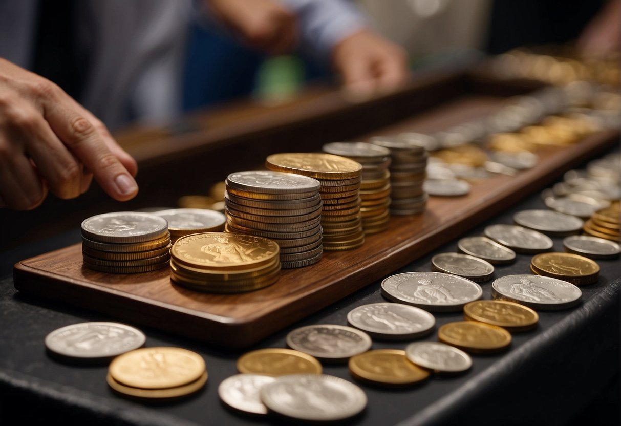 A table displaying rare coins with market values. Bidders raise paddles at an auction. Reviewers examine coins for legitimacy