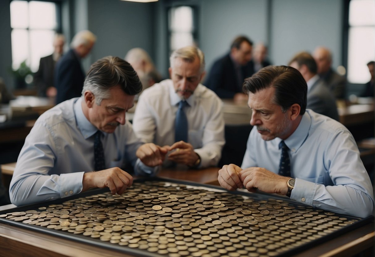 Numismatic experts and leaders gather at a coin auction, reviewing complaints and ensuring legitimacy