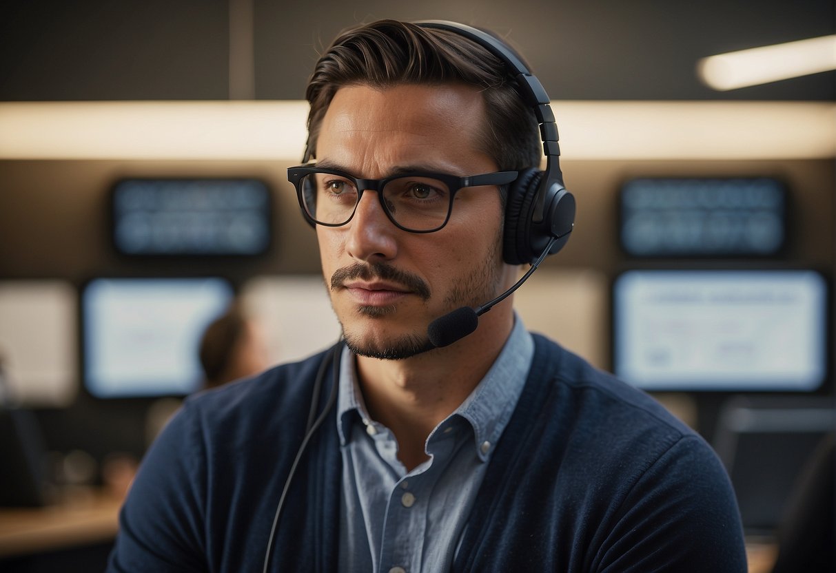 A customer service representative listens attentively while surrounded by a mix of positive and negative reviews, legal documents, and customer testimonials