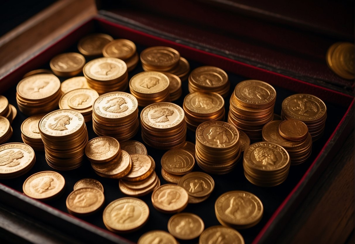 A display of rare gold coins, gleaming under soft lighting, arranged in a collector's case with labels indicating their numismatic value