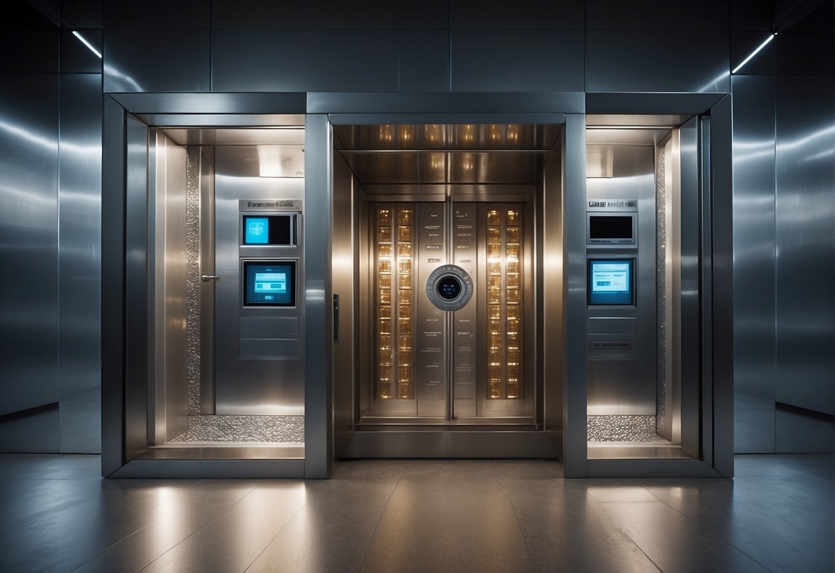 A high-tech vault door with biometric scanners and surveillance cameras at a precious metals depository. Multiple layers of security including armed guards and motion sensors