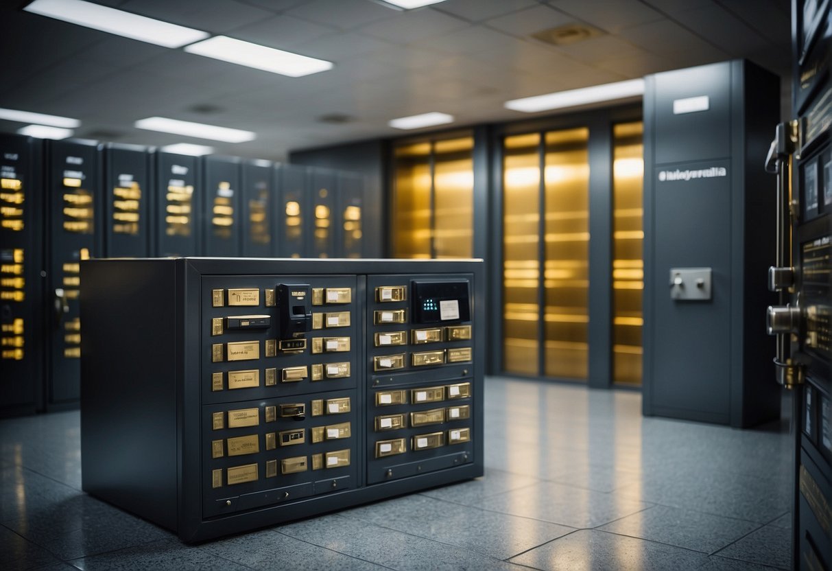 A secure vault with rows of safe deposit boxes holding precious metals. A sign reads "Precious Metals IRA Depository." Security cameras monitor the facility