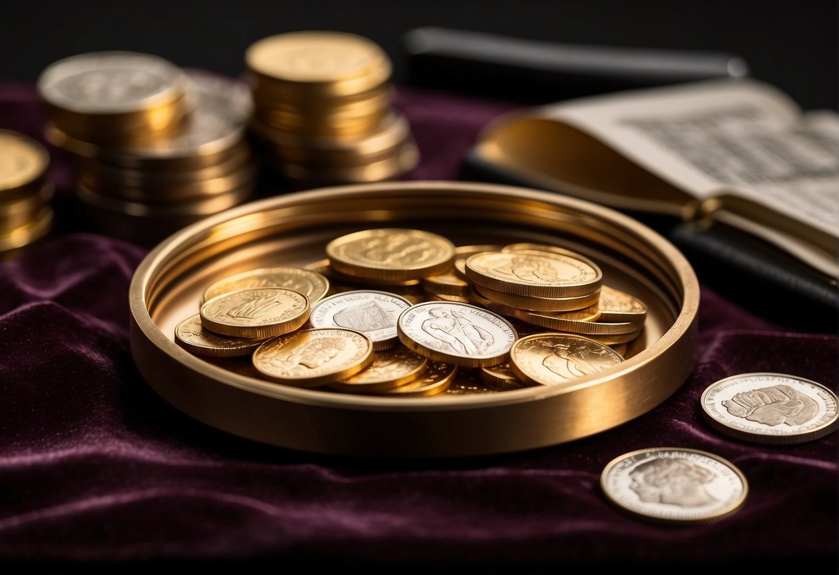 A stack of gold coins arranged neatly on a velvet-lined tray, with a magnifying glass and a financial report nearby