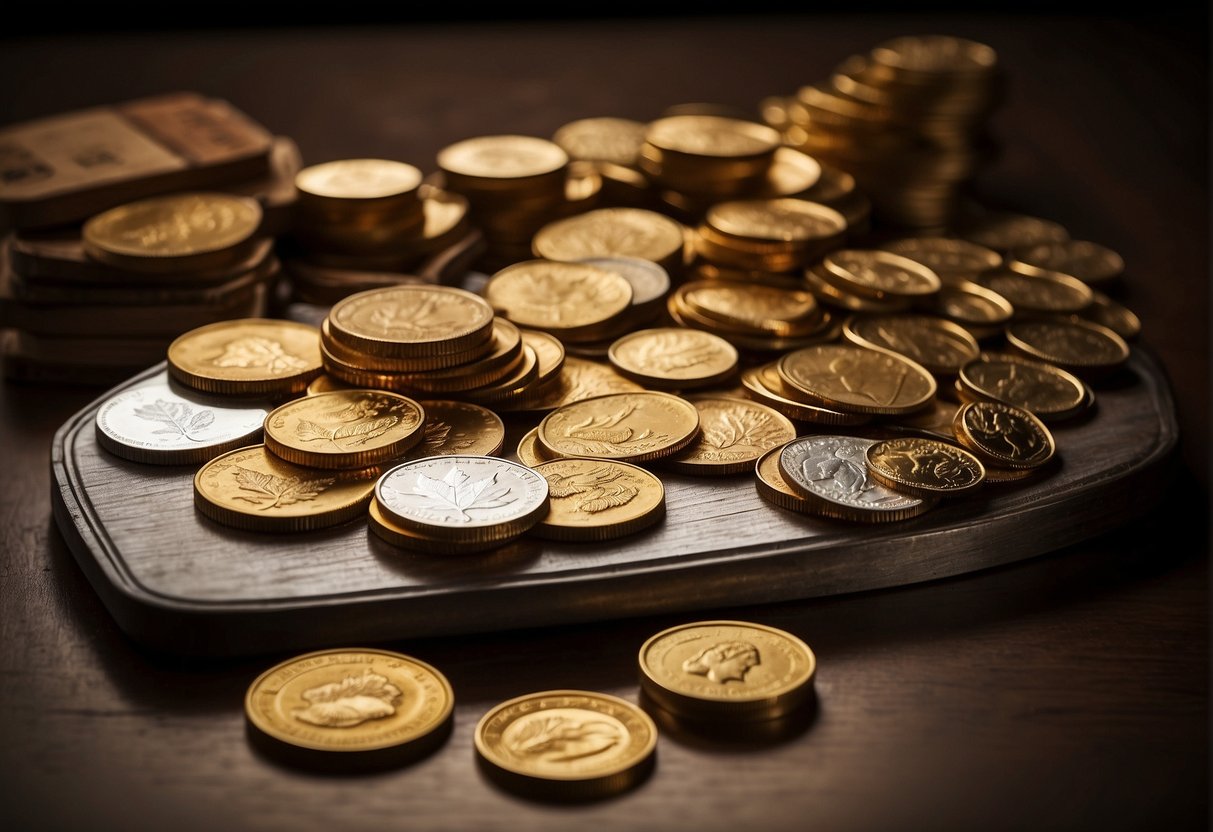 A table displaying various gold coins, including American Eagle, Canadian Maple Leaf, and South African Krugerrand, with a sign reading "Types of Gold for IRAs."